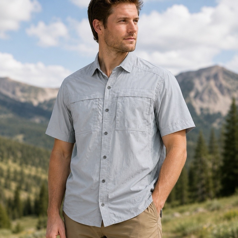 REI Sahara Tech Shirt Mens M Gray Hiking Fishing Travel Vent Nylon Stretch